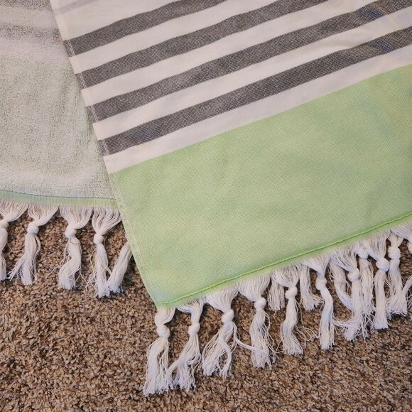 Green Gray and White Striped Beach Towel and Tote Bag Set Turkish T Cotton - Picture 5 of 8